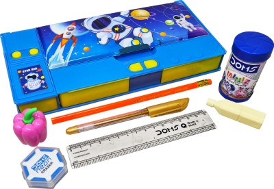 Toys R Us Best Combo Pencil Box Inbuild Sharpener, 3 Small & 2 Big Compartment, Pencil, Glitter Pen, Sharpener, Scale, Eraser, Highlighter, Set Plastic Crayons For Kids Art Plastic Pencil Box(Set of 1, Blue)