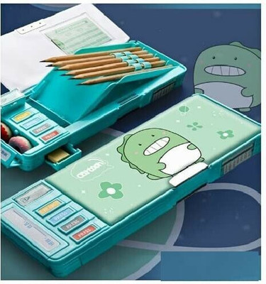 JOY MAKER KBX-7069-Dino Multifunctional Button Operated Unicorn Box with Pen Stand in-Built Push Button Art EVA Pencil Box(Set of 1, Green)