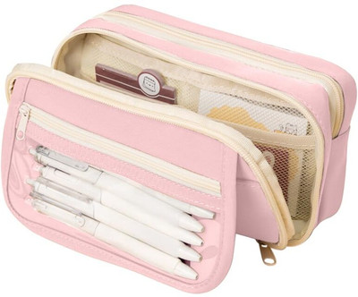 TREXEE 9-Layer Canvas Pencil Pouch for Girls & Boys, Multipurpose Aesthetic Pouch Art Canvas Pencil Box(Set of 1, Pink)
