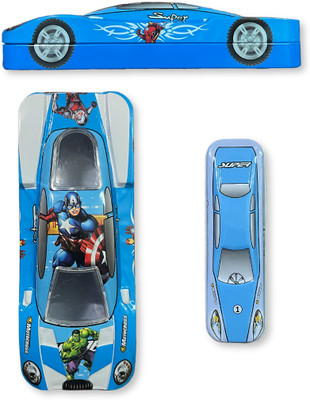 Neya Nest Car Shape Pencil Box Superhero Design Art Metal Pencil Box(Set of 1, Blue)