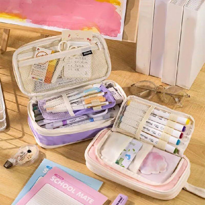 Mr. Auen 4 Compartment Large Capacity Pencil Pouch portable Stationery Pouch With Handle Pencil Pouch Art Canvas Pencil Box(Set of 1, Multicolor)