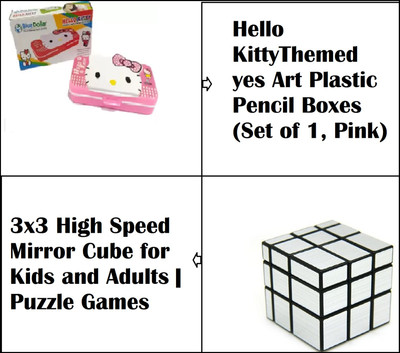 HANSHIKA ENTERPRISES HENT BUY 1 PINK Hello KittyThemed yes Art Plastic Pencil Boxes GET FREE Silver 3x3 High Speed Mirror Cube for Kids and Adults | Puzzle Games Art Plastic Pencil Box(Set of 2, Pink, Silver)