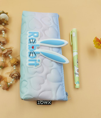 Paper Bear Rabbit Rabbit Art Polyester Pencil Box(Set of 1, Light Blue)