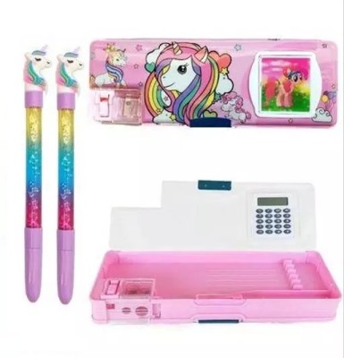 RHINETOYS Unicorn Calculator Geometry Box + 2 Unicorn Gel Pen, Cute Fancy Stationery, Best Gift Art Plastic Pencil Box(Set of 3, Pink)