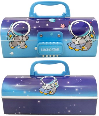 PEACORA Password pencil box- Lucky day Astronaut Space Double Layer Stationery BOX Organizer Art Plastic Pencil Box(Set of 1, Blue)