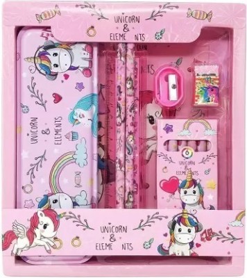 kidox Unicorn Stationary Set Pencil Box, Pencil Sharpener Eraser Scale Cryon Kit Kids Unicorn Art Plastic Pencil Box(Set of 1, Pink)