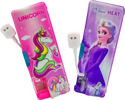 poksi Light Pencil Box (Pack of 2) |Unicorn and Frozen Light Pencil Box for Girls| Unicorn, Frozen Art Plastic Pencil Boxes(Set of 2, Pink, Purple)