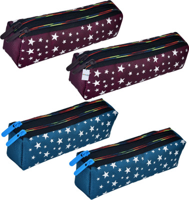 HOMESTIC Pencil Pouch Star Printed Art Canvas Pencil Boxes(Set of 4, Maroon, Black)