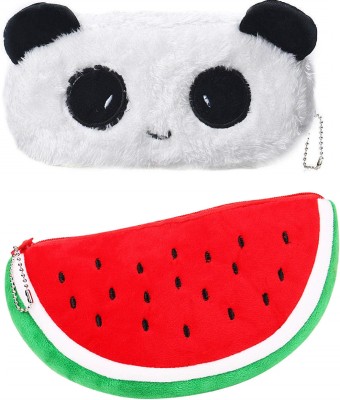 Mistazzo Panda Fur and Watermelon Soft Plush Pencil Box Pouch Makeup Bag For Girls Kids Panda Art Polyester Pencil Boxes(Set of 2, White, Red)