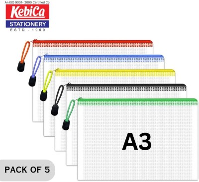 Kebica Multipurpose Waterproof Zipper Pouches Document Holder/Pen Pencil A3 Net Zipper Pouch Art Plastic Pencil Boxes(Set of 5, Multicolor)
