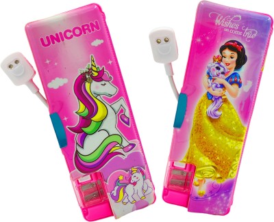 poksi Light Pencil Box (Pack of 2) |Unicorn and Princess Light Pencil Box for Girls| Disney Princess, Unicorn Art Plastic Pencil Boxes(Set of 2, Pink)