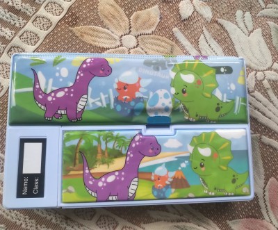 UGS High quality Jumbo dual sided Dinosaur pencil box jungle theme Art Plastic Pencil Box(Set of 1, Light Blue)