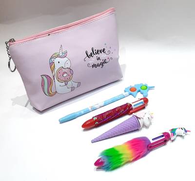 Stakipo Big Pink Unicorn Silicon Pouch, Fur Pen, Sequence Pen, Popit Pen & Softy Eraser Unicorn Art Polyester Pencil Box