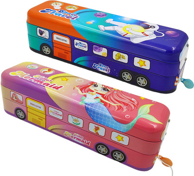poksi Combo of Two Double decker Pencil Box with Pulling Thread and Moving wheels |(Mermaid + Space) City Bus Pencil box Art Metal Pencil Boxes(Set of 2, Pink, Blue)