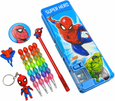 LAZYLINES Spiderman Pencil Box Inbuild Sharpener and LED Lamp Light with Dual Compartment Magnetic Lock with Stationery Set for Kids Art Plastic Pencil Box(Set of 9, Blue)