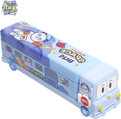 Neel Pencil Box Cartoon Printed School Bus Metal Double Decker Bus Shape Pencil Box For Kids With Moving Tyres & 3 Compartments Sharpener Geometry Case For kids Art Plastic Pencil Box(Set of 1, Multicolor)