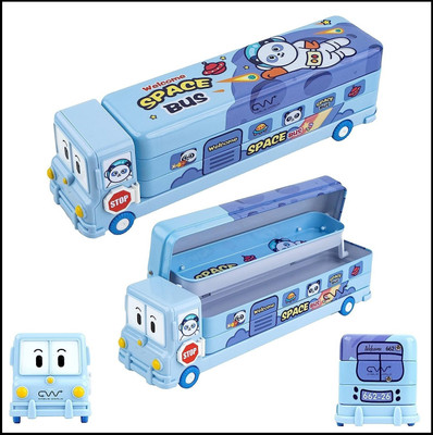 sk bazaar Space School Bus Shaped Pencil Box for Kids with Wheels and Sharpener Metal Space Art Metal Pencil Box(Set of 1, Blue)