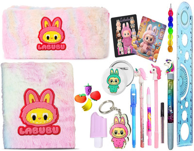 AAPEFLEX 16PCS Combo Labubu Doll Stationery Set for kids Diary /Fur Pouch and Stationery