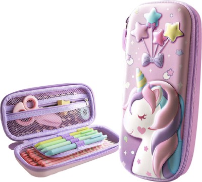 WISHKEY Unicorn Printed Large Capacity Zipper Pencil Pouch with Pencil Holder for Girls Unicorn Art Plastic Pencil Box(Set of 1, Pink)