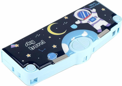Vicorp space astronaut theme compass box with Inbuilt Scissor, Ruler, Eraser and Sharpener, Magnetic Art Plastic Pencil Box(Set of 1, Blue)
