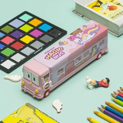 CRAFTY CUDDLE Magic Bus Pencil Box with Moving Wheels and 3 Compartments/ Unicorn Magic Bus Art Metal Pencil Box(Set of 1, Pink)