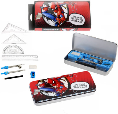 Mannat Character Printed Mathematical Drawing Instrument Geometry Box for students 10 Pieces(Pack of 1,Spider) Art Metal Pencil Box(Set of 1, Multicolor)
