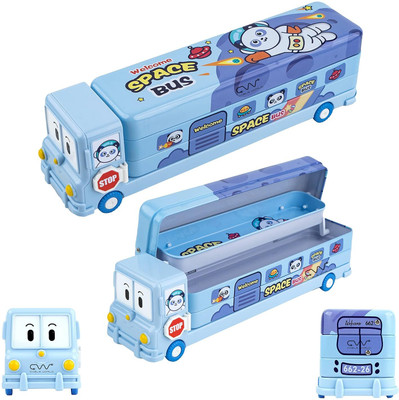 FUNVERSE Space School Bus Shaped Pencil Box for Kids with Wheels and Sharpener Metal Space Astronaut Art Metal Pencil Box(Set of 1, Blue)