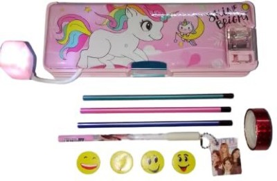 Posshe Posshe Pencil Box with 3 Pencils 4 Smiley Erasers 1 Pen 1 Glitter Tape cartoon Art Plastic Pencil Box(Set of 1, Pink)