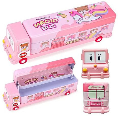 Lacasada Magic Bus with Moving Tyres with 3 Compartments Moving Tyre's & Sharpener Metal bus Art Metal Pencil Box(Set of 1, Pink)