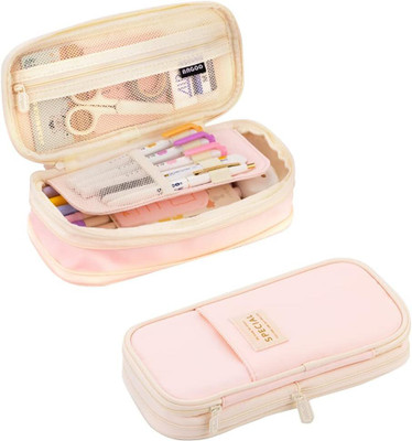 Stoper Large Capacity Stationery Organizer Pencil Pouch Box for School Office Collage Solid Art Canvas Pencil Boxes(Set of 1, Pink)