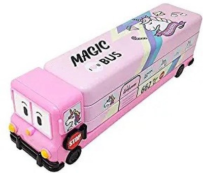 Chahbeli Cartoon Printed Geometry|Double Decker|Moving Tyres Like Bus|Magic Bus Pink/Blue space art Art Metal Pencil Box(Set of 1, Pink, Blue)