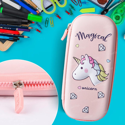 Adoere Magical Unicorn Pink Diamond & Heart Multi-Purpose Zipper Pencil Case Big capacity for storing and organizing Pouch Art EVA Pencil Box(Set of 1, Pink)