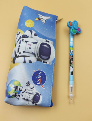 Paper Bear Astronaut Space Art Canvas Pencil Box(Set of 1, Blue)
