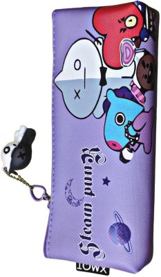 AAHANSHOPPE BTS STATIONARY POUCH SINGLE ZIPER WITH HANGING SILICONE TOY FIGURE PURPLE COLOUR BTS THEME Art Artificial Leather Pencil Box(Set of 1, Purple)
