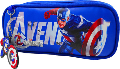 Johnnie Boy BLUE Captain America Double Pocket Leatherite Pencil Pouch Captain America Art Canvas Pencil Box(Set of 1, Multicolor)