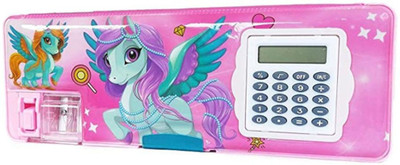 AMB 1 Pcs calculator geometry, Dual Sharpener With Calculator, Double sided Unicorn Art Plastic Pencil Box(Set of 1, Pink)