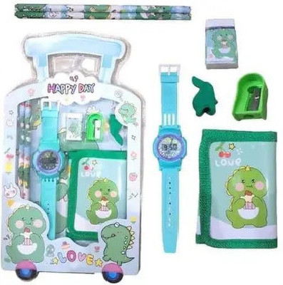 JDRSM ENTERPRISES Smart choice 5 in 1 set includes-watch, wallet, 2 Pencil, Sharpener, eraser - Art Plastic Pencil Box(Set of 1, Multicolor)