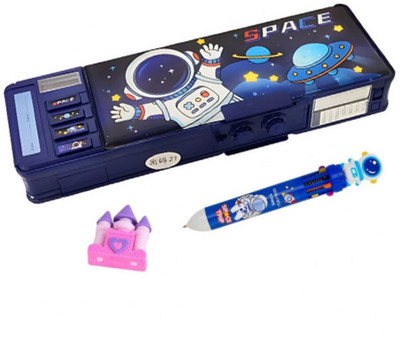 K3NTERPRISES Space Adventure Kids Study Pencil Box Astronaut Hard Shell Dual Lock astronaut Art Plastic Pencil Box(Set of 3, Blue)