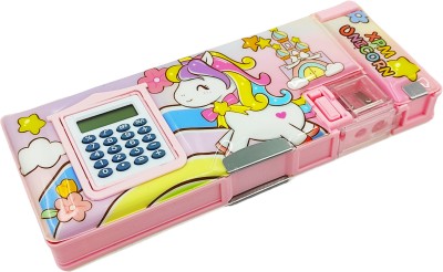 poksi Unicorn Pencil Box for Girls with calculator, inbuilt sharpener and one small pocket |Unicorn pencil box for Girls Art Plastic Pencil Box(Set of 1, Pink)