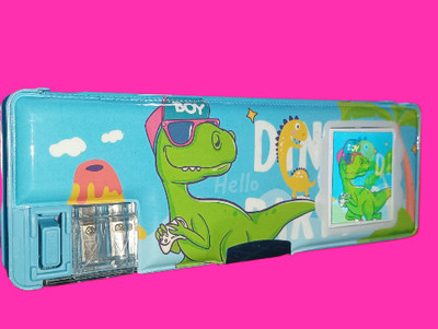 BZILO Cute Dinosaur Pencil Box With Calculator Geometry Design May Vary Z_110 Cartoon Art Plastic Pencil Box(Set of 1, Multicolor)