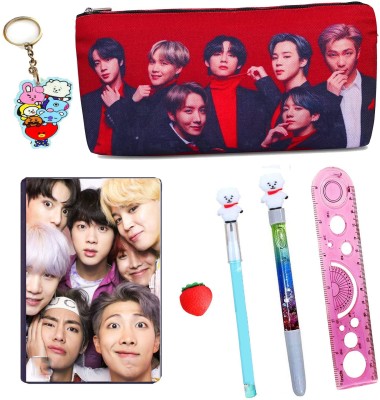 TITIRANGI BTS School Stationery Gift Set for Kids BT-21 Collection 1 BTS A6 Diary,Pencil Pouch for Kids,Pen, Pencil, Key Chain & Ruler Return Gift Pouches For Boys(7 Ps) Art Canvas Pencil Box(Set of 1, Multicolor)