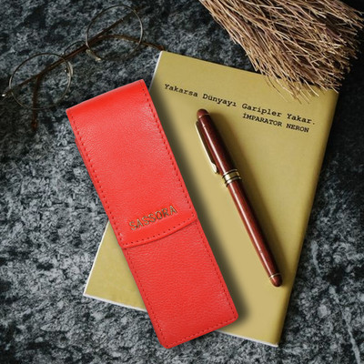 Sassora 2022 Solid Red Color Art Pure Leather Pencil Box(Set of 1, Red)