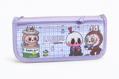 KRUJYAM Cute Design Purple Pencil Pouch for Kids | Dual Zipper Spacious Stationery Case Cartoon Character Art Polyester Pencil Box(Set of 1, Purple)