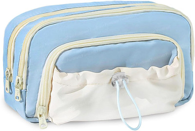 SOKT Cute Aesthetic Drawstring Pen Case Pencil Case Big Capacity Pen Holder Large Opening Pencil Pouch Box Art Canvas Pencil Box(Set of 1, Blue)