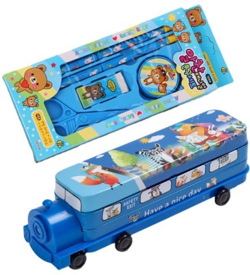 HANDZY Cartoon Printed Bus Shaped Pencil Box and Stationary Set (1 Pencil Box, 1 Eraser, Sharpener, Scissor and 2 Pencils) Art Metal Pencil Box(Set of 6, Blue)