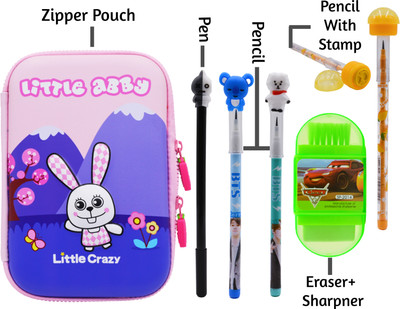 MINAAR Stationery Pencil Pouch Combo With School Pen, Pencils, Eraser & Sharpner Set Art Polyester Pencil Box(Set of 6, Multicolor)