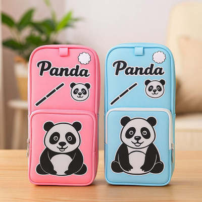 HAPPY SHOPPING STORE Cute Panda Print Pencil Pouch for Kids | Dual Compartment School Stationery Bag | Pink & Blue | Durable Zip Case for Boys & Girls Art Artificial Leather Pencil Boxes(Set of 2, Pink, Blue)