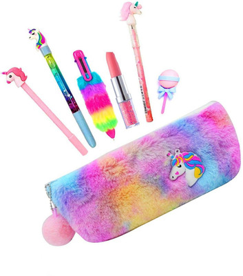 Saputra 7 pcs combo of stationery gift set for kids cotton pouch with pen pencil eraser Unicorn Art Artificial Leather Pencil Box(Set of 7, Multicolor)