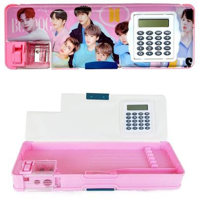 WELTOYi Unique Multipurpose Compass With Calculator for Kids BTS Theme Printed Magnetic Pencil Box with Calculator & Dual Sharpener Art Plastic Pencil Box(Set of 1, Pink)