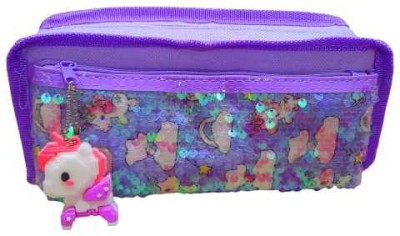 Kaushiki Enterprises Regular size Sequin material double pocket Art Canvas Pencil Box(Set of 1, Purple)